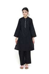Plum 100% Lawn Black Colour with Beige buttons On 2 Pc stitched suit for Girls.