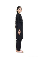 Plum 100% Lawn Black Colour with Beige buttons On 2 Pc stitched suit for Girls.