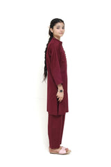 Plum Digital Lawn Maroon Colour with Beige buttons On 2 Pc stitched suit for Girls