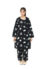 Plum Digital Cotton Lawn Black Colour Green White Flowers Embellished Black Tassels Black Laces On 2 Pc Stitched Suit for Girls.