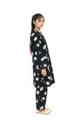 Plum Digital Cotton Lawn Black Colour Green White Flowers Embellished Black Tassels Black Laces On 2 Pc Stitched Suit for Girls.