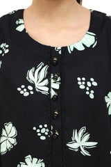 Plum Digital Cotton Lawn Black Colour Green White Flowers Embellished Black Tassels Black Laces On 2 Pc Stitched Suit for Girls.