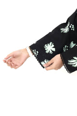 Plum Digital Cotton Lawn Black Colour Green White Flowers Embellished Black Tassels Black Laces On 2 Pc Stitched Suit for Girls.