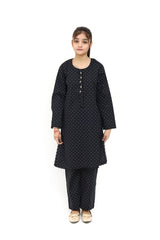 Plum Digital Cotton Lawn Black Colour Printed White Dots Embellished Pearl Tassels Black Laces On 2 Pc Stitched Suit for Girls.