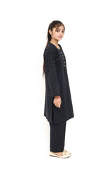 Plum Digital Cotton Lawn Black Colour Printed White Dots Embellished Pearl Tassels Black Laces On 2 Pc Stitched Suit for Girls.
