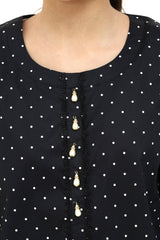 Plum Digital Cotton Lawn Black Colour Printed White Dots Embellished Pearl Tassels Black Laces On 2 Pc Stitched Suit for Girls.