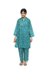 Plum Digital Lawn Turquoise Colour Printed White Beige Flowers On 2 Pc stitched suit for Girls