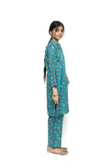 Plum Digital Lawn Turquoise Colour Printed White Beige Flowers On 2 Pc stitched suit for Girls