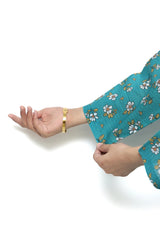 Plum Digital Lawn Turquoise Colour Printed White Beige Flowers On 2 Pc stitched suit for Girls