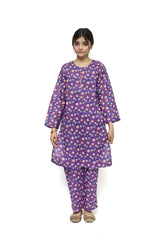 Plum Digital Lawn Purple Colour Printed White Sky Blue Flowers with Yellow buttons On 2 Pc stitched suit for Girls