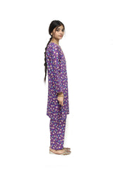Plum Digital Lawn Purple Colour Printed White Sky Blue Flowers with Yellow buttons On 2 Pc stitched suit for Girls