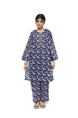 Plum Digital Lawn Navy Blue Colour Printed White Yellow Flowers with Yellow buttons On 2 Pc stitched suit for Girls.
