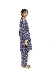 Plum Digital Lawn Navy Blue Colour Printed White Yellow Flowers with Yellow buttons On 2 Pc stitched suit for Girls.