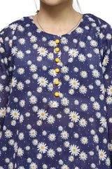 Plum Digital Lawn Navy Blue Colour Printed White Yellow Flowers with Yellow buttons On 2 Pc stitched suit for Girls.