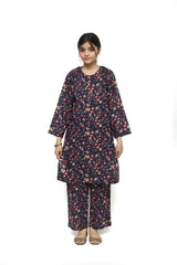 Plum Digital Lawn Dark Purple Colour Printed Pink White Yellow Flowers with pink buttons On 2 Pc stitched suit for Girls.