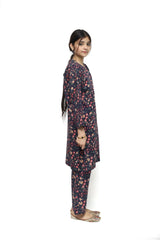 Plum Digital Lawn Dark Purple Colour Printed Pink White Yellow Flowers with pink buttons On 2 Pc stitched suit for Girls.