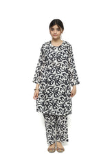 Plum Digital Lawn Black & White Patterns with White buttons On 2 Pc stitched suit for Girls.