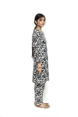 Plum Digital Lawn Black & White Patterns with White buttons On 2 Pc stitched suit for Girls.