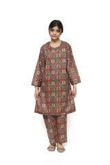 Plum Digital Lawn Yellow Red White Multi-Coloured  Patterns On 2 Pc stitched suit for Girls.