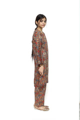 Plum Digital Lawn Yellow Red White Multi-Coloured  Patterns On 2 Pc stitched suit for Girls.