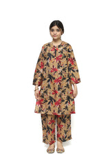 Plum Digital Lawn Brown Colour Printed Red White Black Leaves with Black Buttons On 2 Pc stitched suit for Girls.