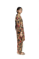 Plum Digital Lawn Brown Colour Printed Red White Black Leaves with Black Buttons On 2 Pc stitched suit for Girls.