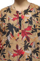 Plum Digital Lawn Brown Colour Printed Red White Black Leaves with Black Buttons On 2 Pc stitched suit for Girls.