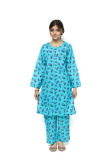 Plum Digital Lawn Sky Blue Colour Printed Black Purple Flowers with Purple buttons On 2 Pc stitched suit for Girls.