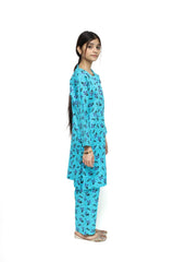 Plum Digital Lawn Sky Blue Colour Printed Black Purple Flowers with Purple buttons On 2 Pc stitched suit for Girls.