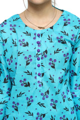 Plum Digital Lawn Sky Blue Colour Printed Black Purple Flowers with Purple buttons On 2 Pc stitched suit for Girls.