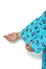 Plum Digital Lawn Sky Blue Colour Printed Black Purple Flowers with Purple buttons On 2 Pc stitched suit for Girls.