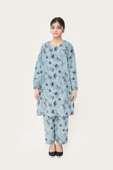 Plum Digital Lawn Light Blue  Colour Printed Black Grey Brown Leaves On 2 pc stitched suit For Girls.