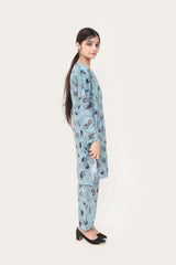 Plum Digital Lawn Light Blue  Colour Printed Black Grey Brown Leaves On 2 pc stitched suit For Girls.