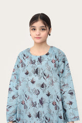 Plum Digital Lawn Light Blue  Colour Printed Black Grey Brown Leaves On 2 pc stitched suit For Girls.