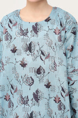 Plum Digital Lawn Light Blue  Colour Printed Black Grey Brown Leaves On 2 pc stitched suit For Girls.