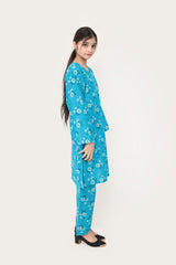 Plum Digital Lawn Sky Blue  Colour Printed Yellow White Blue Flowers On 2 pc stitched suit For Girls.