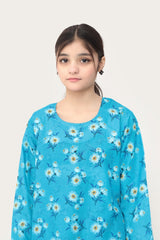 Plum Digital Lawn Sky Blue  Colour Printed Yellow White Blue Flowers On 2 pc stitched suit For Girls.