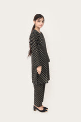 Plum Premium Khaddar Black Colour Printed  White Bronze Flowers On 2 pc Stitched suit For Girls