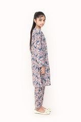 Plum Digital Lawn Light Grey Colour Printed Blue Pink Flowers On 2 pc stitched suit For Girls.
