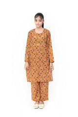 Plum Digital Lawn Mustard Colour Printed Red Olive Biege Flowers On 2 pc stitched suit For Girls.