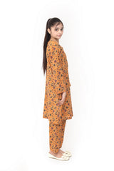 Plum Digital Lawn Mustard Colour Printed Red Olive Biege Flowers On 2 pc stitched suit For Girls.