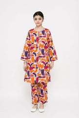 Plum Digital Lawn Off-White Colour printed Purple Pink Orange Patterns with Pink buttons On 2 Pc stitched suit for Girls
