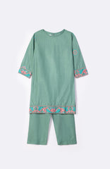 Aleena Premium Cotton Turquoise Green Embroidery On Borders 2 Pc suit For Girls.