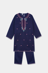 Plum Premium Khaddar Navy Blue Colour Embroidered Pink Green 2 pc suit For Girls.