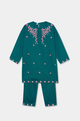 Plum Premium Khaddar Teal Colour Embroidered Pink Green 2 pc suit For Girls.