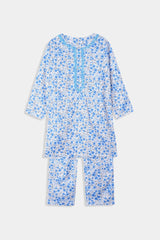 Plum 100 % Cotton Blue White Print Embroidered Blue 2 pc suit For Girls.