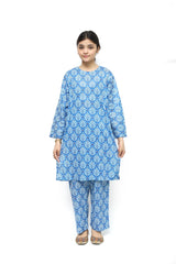 Plum Digital Lawn Blue Colour Printed White Orange Flowers On 2 Pc stitched suit for Girls.