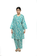 Plum Digital Lawn Sea Green Colour Printed White Flowers On 2 Pc stitched suit for Girls.