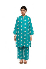 Plum Digital Lawn Ferozi Colour printed Off White Dots On 2 Pc stitched suit for Girls