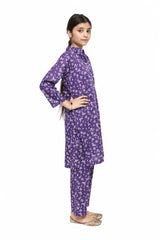 Plum Digital Lawn Lavender Colour Printed Off White Flowers On 2 Pc stitched suit for Girls.
